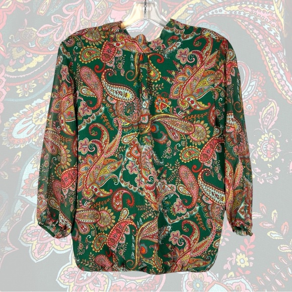 Pink Green Paisley Blouse Sz Small Stacy Frati Sweet Pea Chic Top Sash Tie Neck - Picture 1 of 9